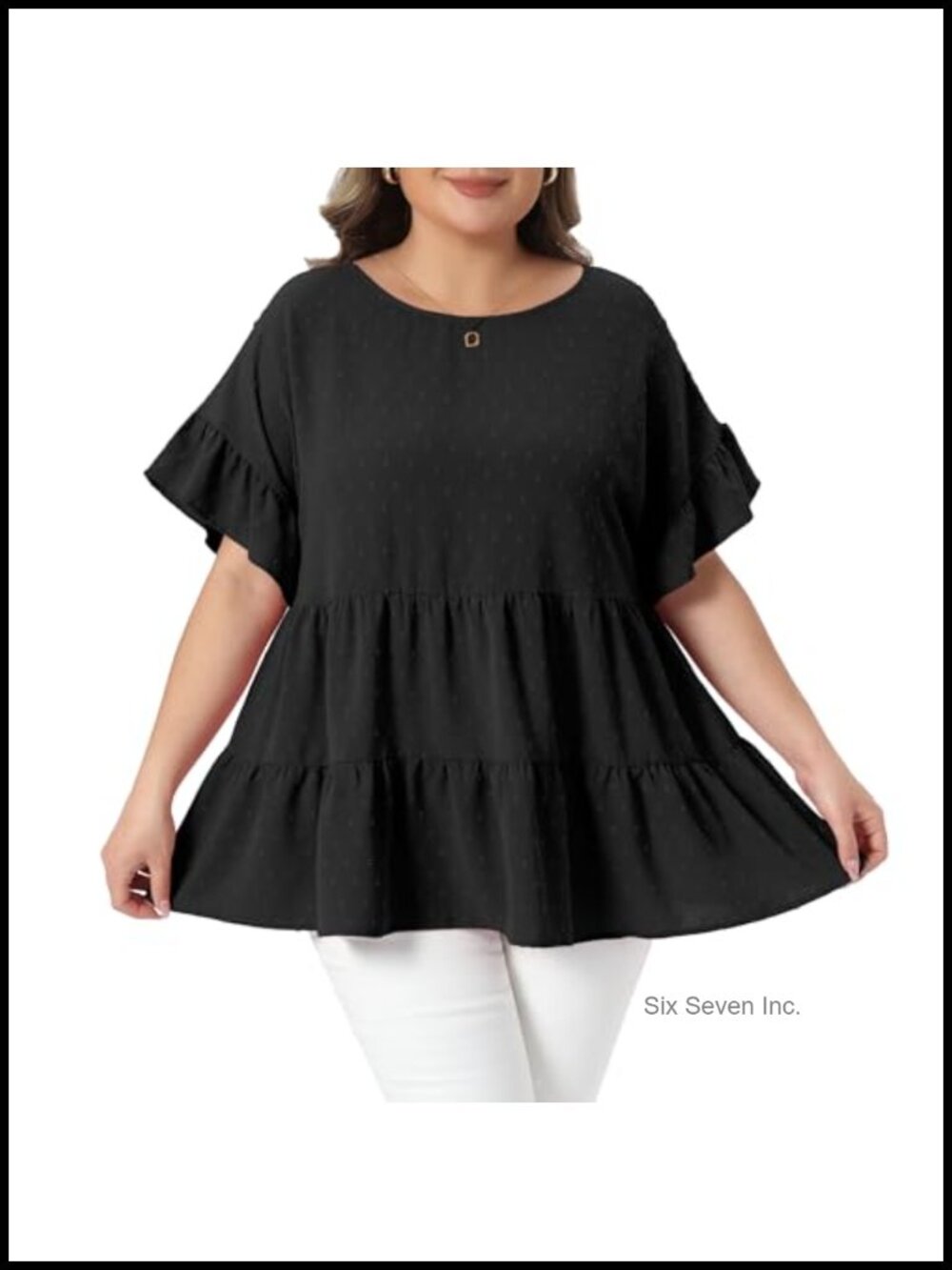 Plus Size Swiss Dots Ruffle Short Sleeve Blouse Crew Neck Tiered Summer Top